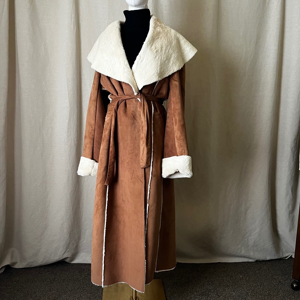 Vintage Newport News Faux Shearling Coat Brown Belted Size 14 Long